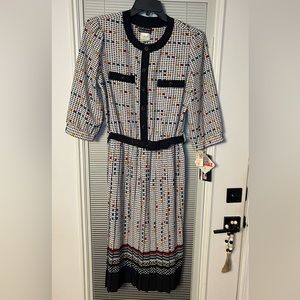 NWT Vintage Breli Originals Houndstooth Front Button Pleated Skirt Midi Dress 14